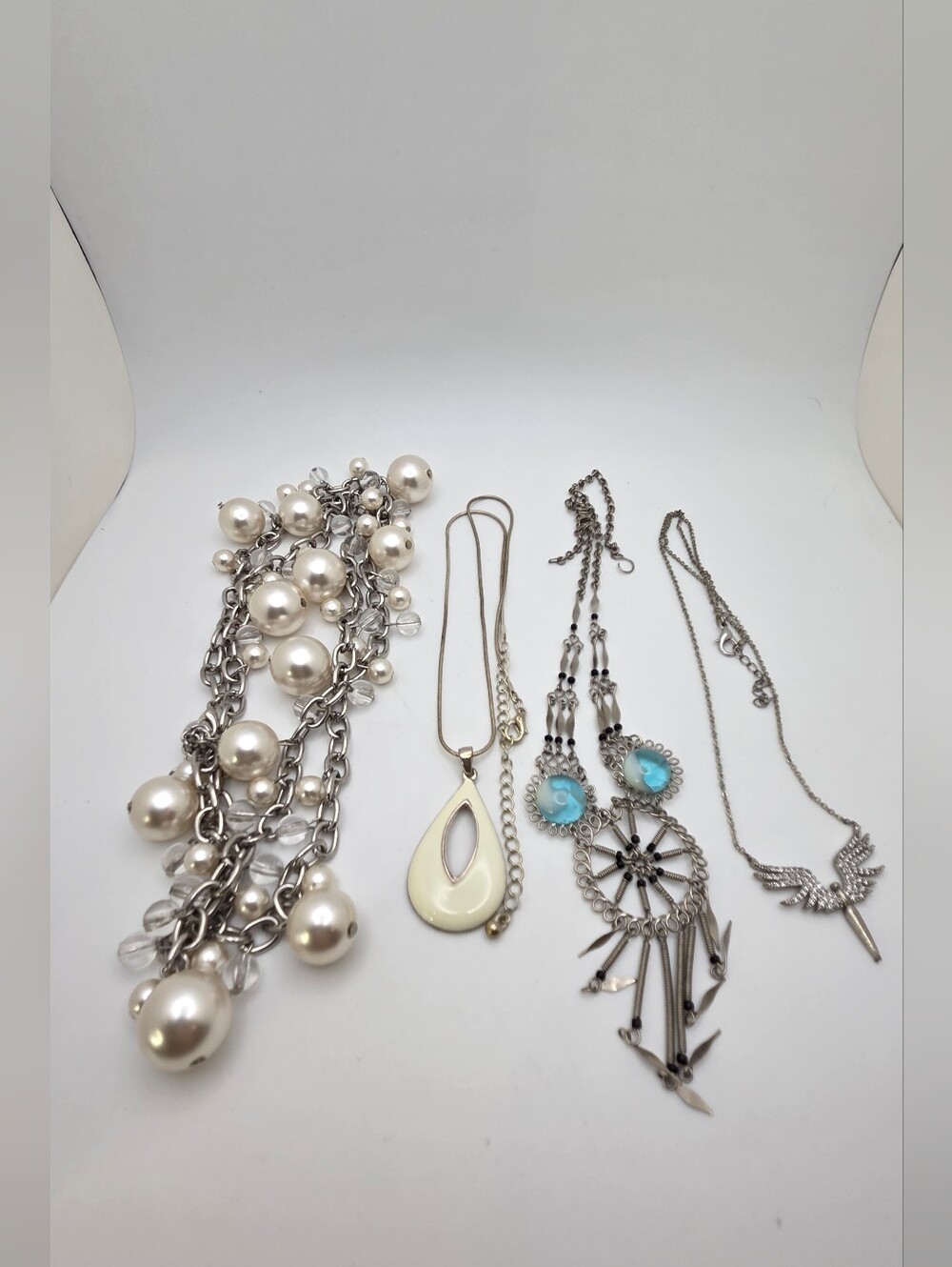 4pc Statement Necklace Lot | Chunky Pearl Cluster, Boho Dreamcatcher, Angel Wing